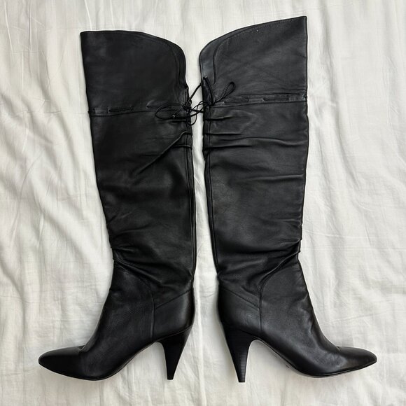 Guess Revenge Black Leather Pull On Over The Knee Heeled Boots - Picture 2 of 7